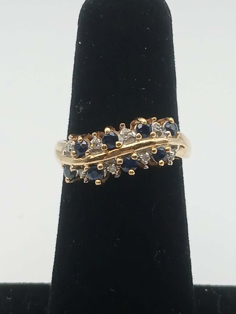 Vintage 10K Gold Sapphire and Clear Stone Wave S Curve Crossover Ring Size 7